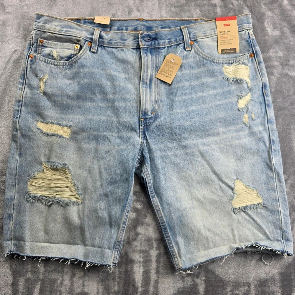 NEW Levi's 511 Slim Shorts Mens 42 Light Blue Distressed Ripped Denim‎ Cutoff
